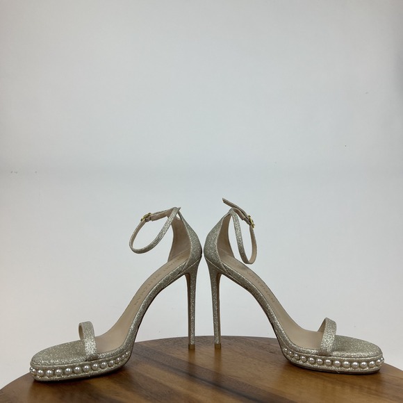 New Womens Stuart Weitzman Nudistdisco Pearl Gold Glitter Stiletto Heels Size 10